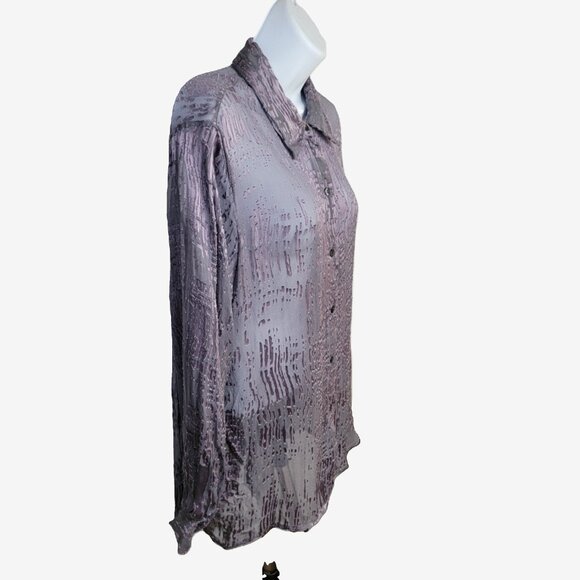 New York & Co Sheer Silk Blend Button-Up Blouse Long Sleeves Purple Gray Large - Picture 8 of 16
